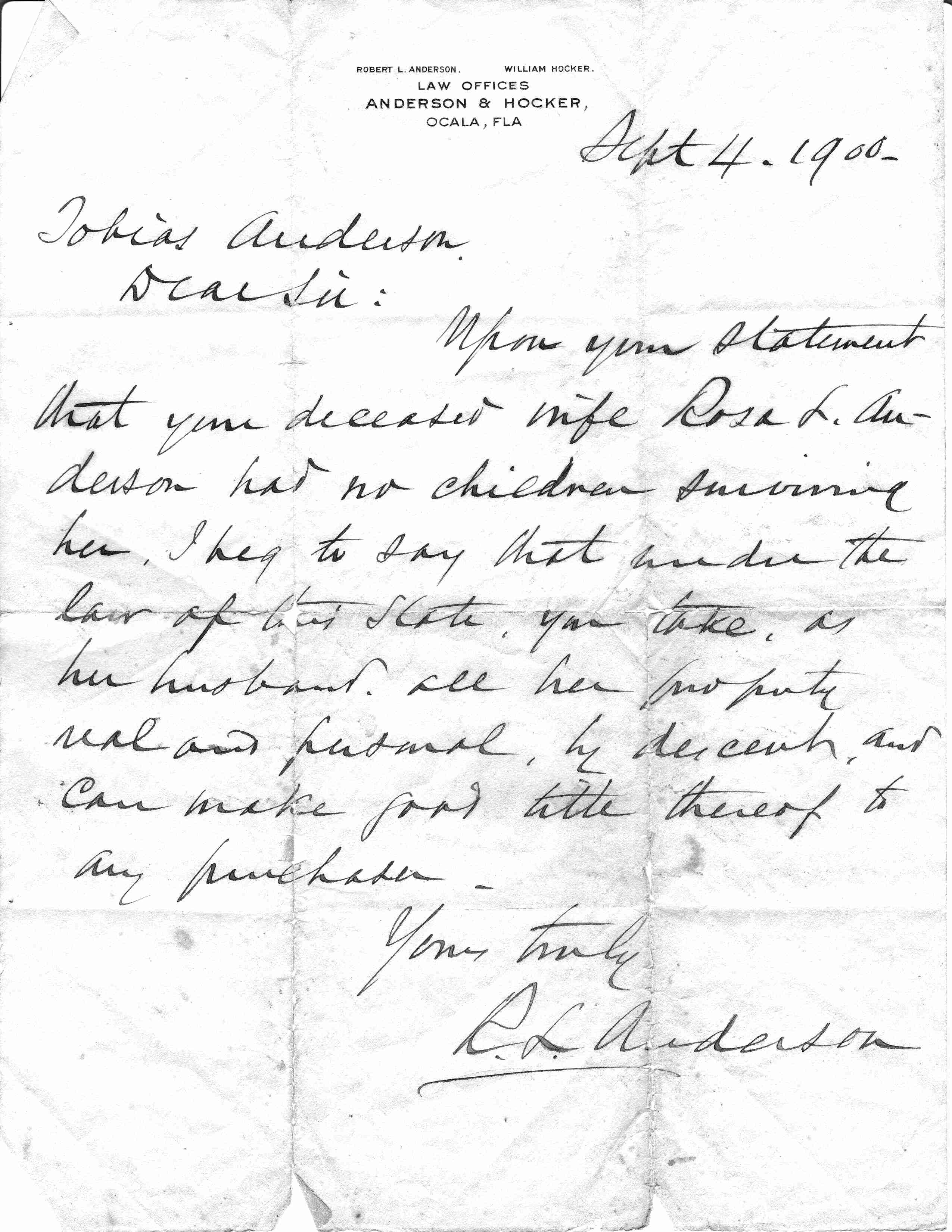 Letter from lawyer to Tobias about Rosa Lee's death stating that because she had no children all her property was his.