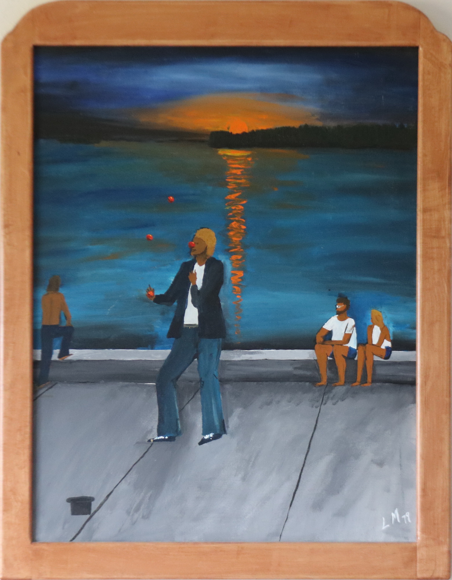 Juggler at Mallory Square<br/>1979<br/>Scene from Key West where I went scuba diving with a friend Craig.  Craig and his wife are sitting on the dock.  Hangs over my bed with frame I made to match the bed.