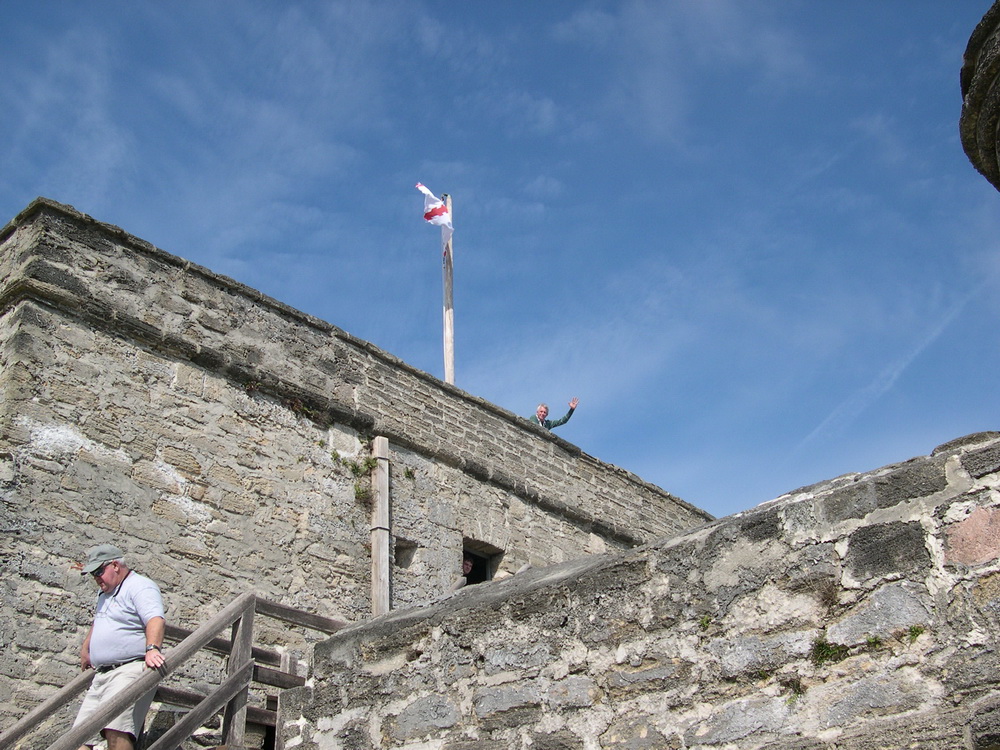 David waving to me from atop the fort