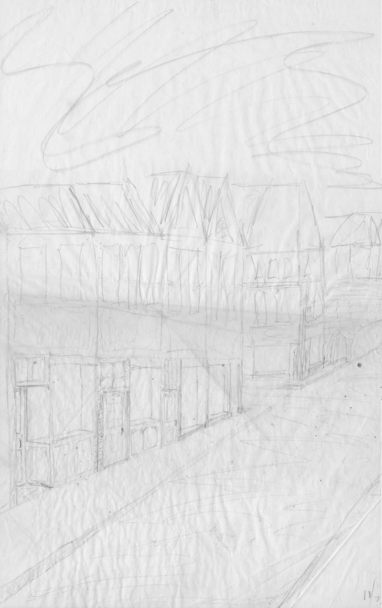 Row Houses - 1979<br>Drawn from my vist to Cincinnati to see a girl friend. Living in Florida, I had never seen such housing.