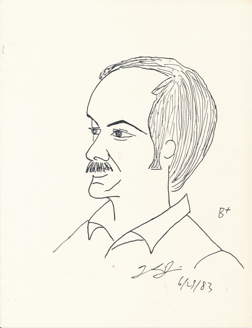 Larry Caracture - 1983<br>Drawn by friend Russel B+ raiting was hisl, Less hair
