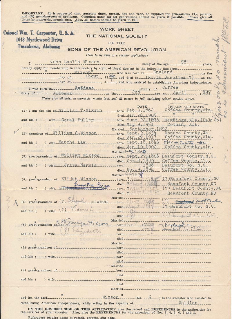 Sons of American Revolutions Application 