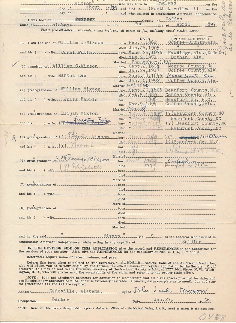 Sons of American Revolutions Application 