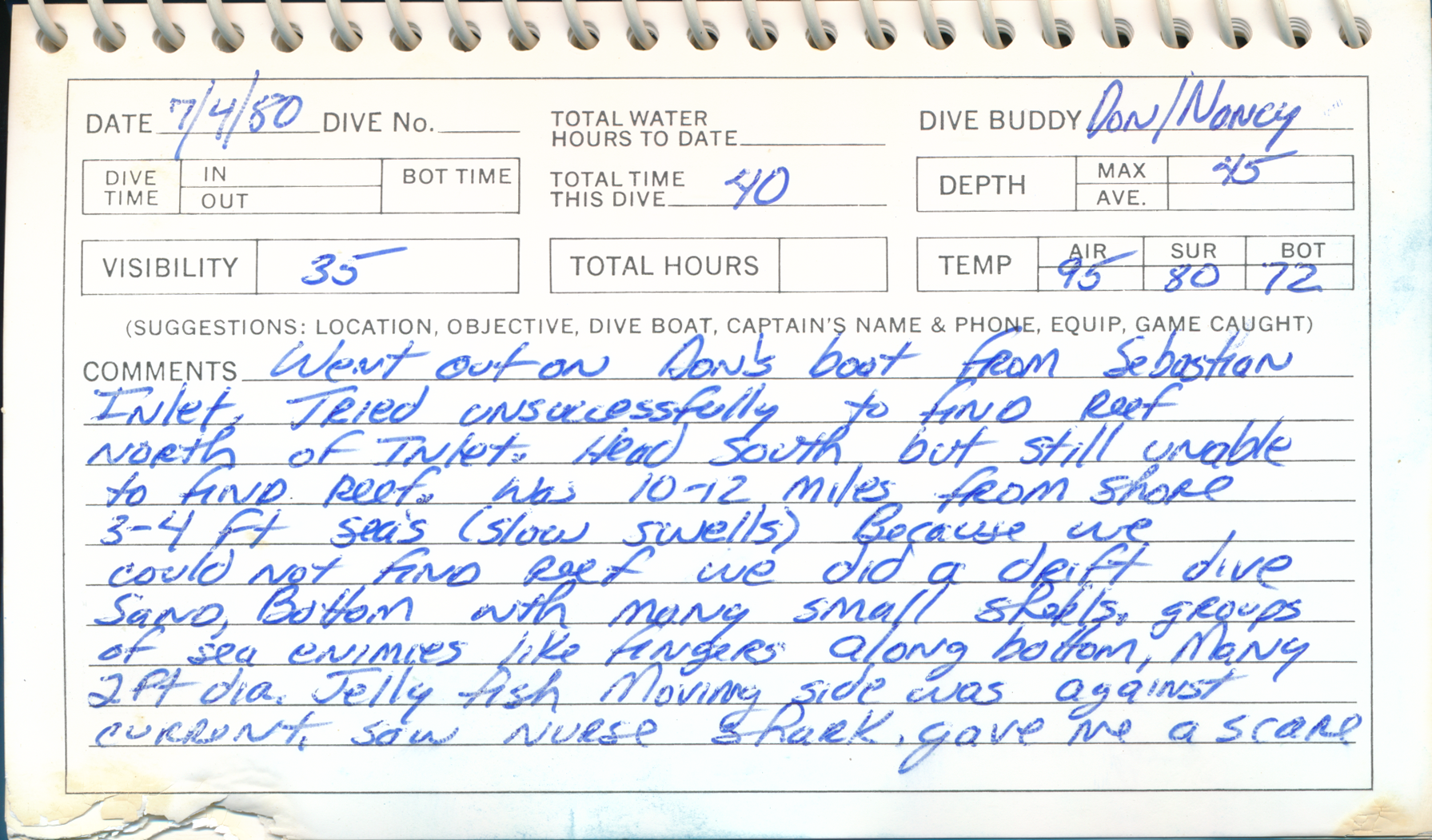 Dive Log page